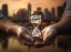 Someone holding a running sand timer