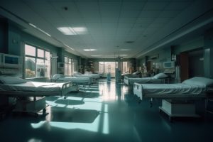 A dark and empty hospital ward.