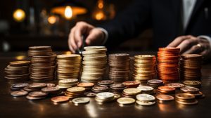 Some counting stacks of coins representing fatal medical negligence compensation.