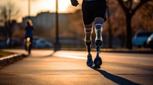 A person with two prosthetic legs runs down the street.