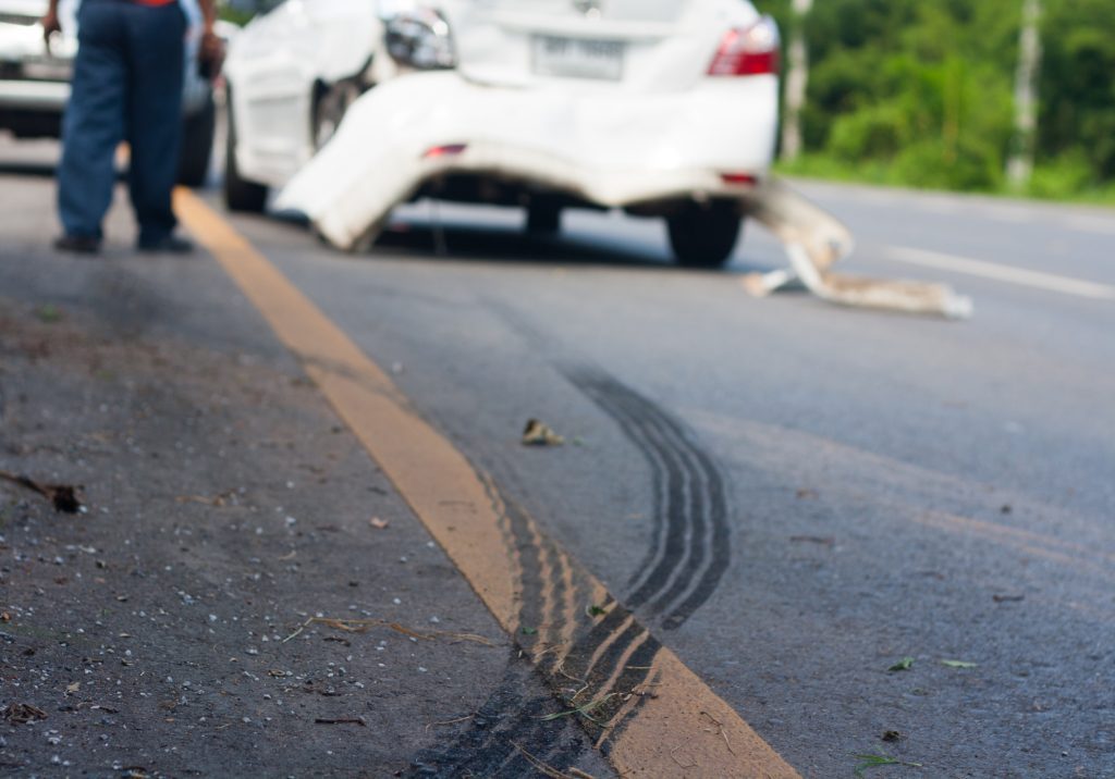 A car accident. Traces of braking tires on the road surface