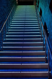 A flight of well-lit stairs.