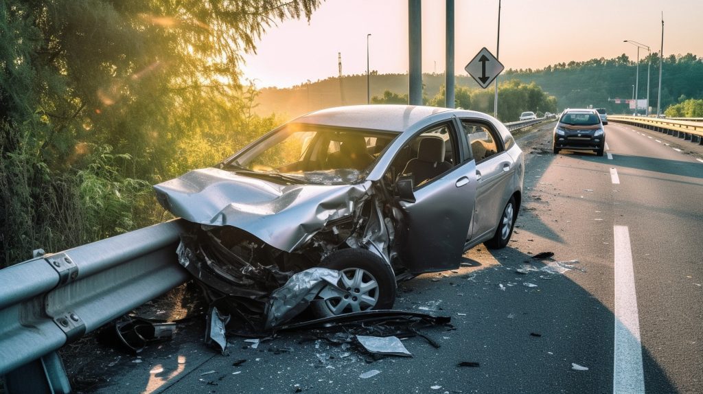 A car is crashed into a roadside barrier. 