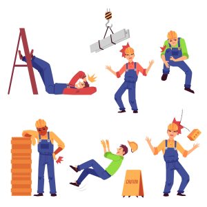 An illustration of different ways a construction worker could be injured. 