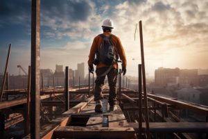 A construction worker wearing Personal Protective Equipment walks along skyrise scaffolding.