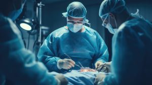 Three surgeons wear gowns and mask as they operate under lamps.