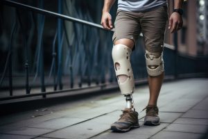 A man walks using a prosthetic leg following a catastrophic injury.